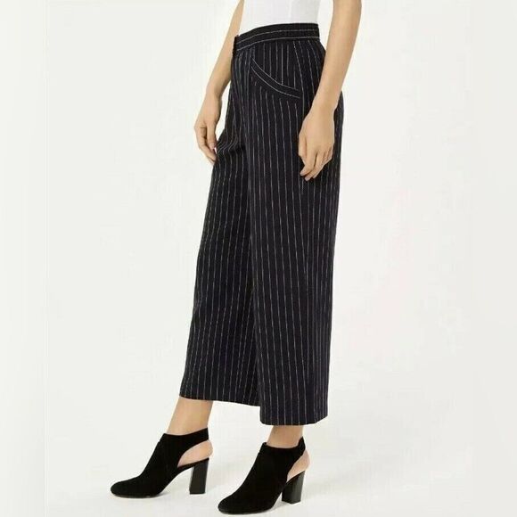 Eileen Fisher Pants Women’s Large Navy & White Pinstripe Pull On Wide Leg Crop - Picture 2 of 10